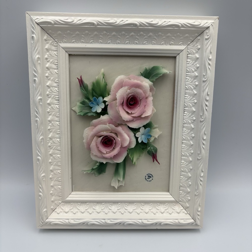 Capodimonte Italy Framed Wall Art 3-D Porcelain Pink Rose Flowers Ornate Vintage